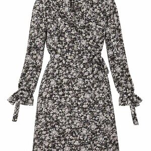BCBGMAXAZRIA Black Floral Wrap Dress XS Long Sleeve Tie Waist